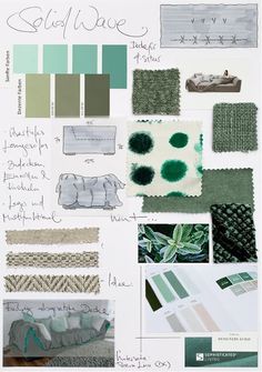 an image of some green and white color scheme for interior decorating, including the bedding