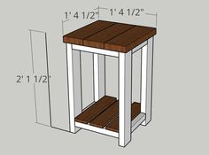 the measurements for a small end table are shown in white and brown, with a wooden shelf on one side