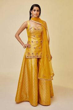 Buy Yellow Brocade Woven Floral Sweetheart Sleeveless Kurta Sharara Set For Women by Shyam Narayan Prasad Online at Aza Fashions. Woven Embroidery, Sheer Dupatta, Sleeveless Kurta, Kurta Sharara Set, Kurta Sharara, Zardozi Embroidery, Net Dupatta, Set For Women