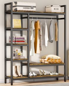 an organized closet with shoes and clothing hanging on the rack, along with other items