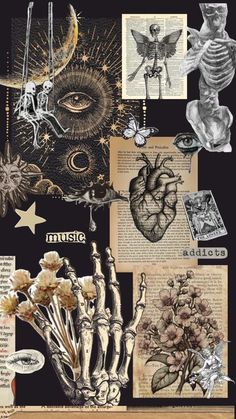 a collage of images with different things on them, including flowers and skeleton hands