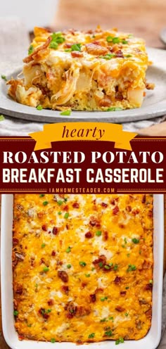 hearty roasted potato breakfast casserole on a plate with the title overlay