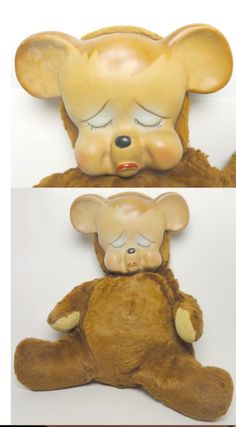 two pictures of a teddy bear with eyes closed and one has its head in the shape of a mouse