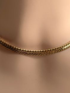 Very elegant Grecian style mesh collar necklace in gold tone vermeil.  It has 'brushed' textured links accented by smooth gold detailing. Good quality necklace with hardly any signs of wear. A really easy to wear piece. Spring ring clasp.  Length is 41 cm / 16.20".  Height is 5 mm.  Gold tone metal.   Let me know if you require longer length and I can add extension chain, no extra charge. This is vintage so any wear is all part of its character.  Vintage/Used items may show signs of wear, I do t Elegant Gold Snake Chain Choker, Gold Herringbone Chain Necklace For Formal Occasions, Formal Gold Herringbone Necklace With Adjustable Chain, Gold Formal Herringbone Necklace, Formal Gold Herringbone Chain Necklace, Formal Gold Herringbone Necklace, Elegant Gold Herringbone Necklace With Curb Chain, Delicate Gold Snake Chain Necklace For Formal Occasions, Elegant Metal Wheat Chain Necklace