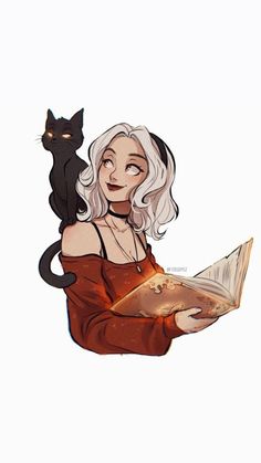 a drawing of a woman holding a book with a cat on her shoulder behind her