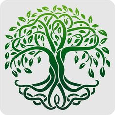 a green tree with leaves and roots in the shape of a heart on a white background