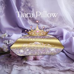 Quinceañera Traditional pillow for the presentation of the tiara or crown  for her Mis Quince Anos,  elegant  purple glitter and gold design with her name and beautiful tiara  in gold and amethyst on the front, a short text on the back Crown Pillow, Short Text, Beautiful Tiaras, Tiara Crown, Traditional Pillows, Purple Glitter, Tiaras And Crowns, Gold Design, Quince