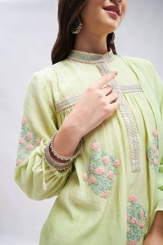 Pista green gathered tiered kurta with floral pattern and multi color resham embroidery. Paired with flared gharara and embroidered dupatta. - Aza Fashions Kurta Set With Dupatta, Dupatta Style, Pista Green, Kurta Patterns, Resham Work, Festive Wear, Sustainable Fashion Brands, Kurta Set, Pastel Green