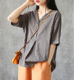 Summer Women Casual Blouse Cotton Linen Shirts Striped Women Tops Linen Shirts Women, Casual Hijab Outfit, Linen Shirts, Striped Short Sleeve Shirt, Layering Outfits, Cotton Linen Fabric, Striped Short, Linen Blouse, Casual Tops For Women