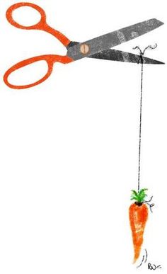 a pair of scissors hanging from a string with a carrot attached to it