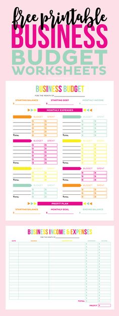 the free printable business budget worksheet is shown in pink and yellow colors