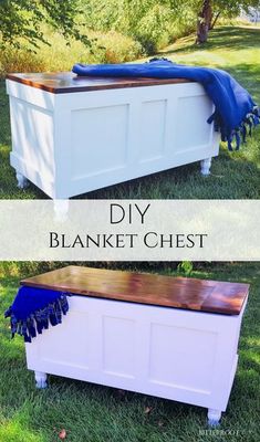 the diy blanket chest is made from an old trunk and has been painted white with blue