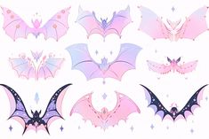 several different types of bat wings on a white background with stars and sparkles in the bottom right corner