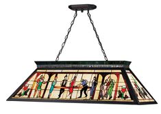 a stained glass hanging light fixture with people dancing on the dancefloored floor