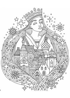 a black and white drawing of a woman with a crown on her head, surrounded by stars