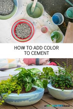 several different types of planters sitting on a table with text overlay that reads how to make colorful cement planters