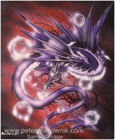 a painting of a purple dragon with bubbles