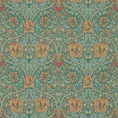 an intricately designed wallpaper with flowers and leaves in green, brown and tan colors