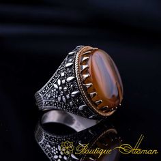 Royal Collection Rare Yemeni Aqeeq Silver Ring No:14 | Boutique Ottoman Exclusive Luxury Handmade Rings For Formal Occasions, Unique Brown Rings For Formal Occasions, Luxury Brown Oval Rings, Luxury Cabochon Rings For Gift, Luxury Brown Ring For Gift, Luxury Brown Rings As Gifts, Luxury Brown Rings For Gift, Silver Mens Rings, Stone Rings For Men