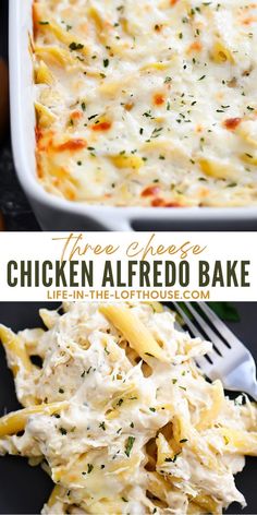 this chicken alfredo bake is loaded with pasta and cheese