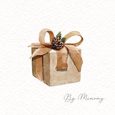 a watercolor painting of a present box with a pine cone on top