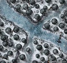 an aerial view of snow covered trees and bushes