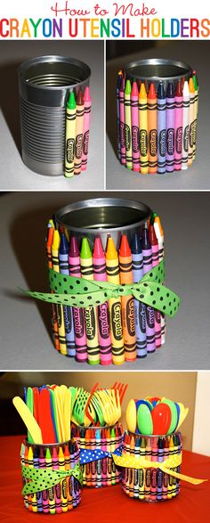 two pictures of tin cans with crayons in them and one has a green ribbon