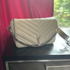 White Ysl Sac Mng Bag. Silver Hardware. Both Straps Detachable. No Box. I Have Dust Bag. Bags Ysl, Saint Laurent Bags, Yves Saint Laurent Bags, Bag Silver, Silver Hardware, Yves Saint Laurent, Saint Laurent, Dust Bag, Bag Lady