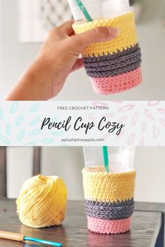 the crochet cup cozy is made with yarn and has a straw in it