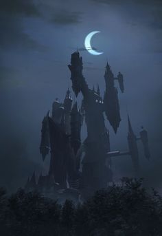 an image of a castle in the sky at night with a crescent moon above it