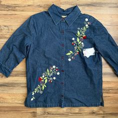 Brand New Bechamel Denim Shirt Size Medium. This Is So Cute With Beautiful Strawberry Embroidery! Non Smoking Home. Ships Fast! Casual Denim Tops With Floral Embroidery, Floral Embroidered Denim Blue Denim Top, Denim Floral Embroidery Button-up Tops, Denim Blue Button-up Top With Floral Embroidery, Denim Blue Floral Embroidery Button-up Top, Casual Embroidered Denim Shirt, Casual Denim Top With Floral Embroidery, Casual Cotton Denim Top With Floral Embroidery, Strawberry Embroidery