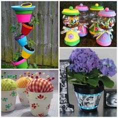 there are pictures of colorful flower pots and plants in this collage, including one with flowers