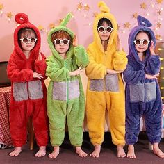 Teletubbies Costume, Theme Carnaval, Girls Loungewear, Matching Halloween Costumes, Pajama Costume, Purple Color Block, Trio Halloween Costumes, Matching Halloween, Onesie Pajamas