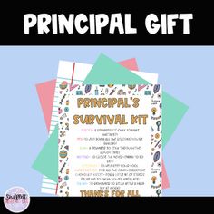 the principals survival kit is on display in front of a blue background with white writing