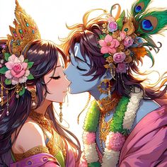 two beautiful women kissing each other in front of a white background with peacocks on their heads