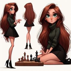 a girl with long red hair and green eyes is playing chess while wearing high heels