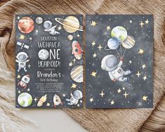 two children's birthday cards with space theme