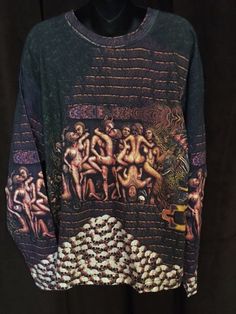 Temple Transmutations Mens Long Sleeve Shirt, hand silkscreened, cotton, fronm the original oil painting by Mark Henson.  Inspiration for this work comes from the beautiful Tantric Temples of Khajuraho and Konarak in India. Mark wanted to do a study of this sacred style of sculpture. He was contemplating what makes something natural and when it becomes unnatural. Weird Clothes, Sinful Clothing, Painted Shirt, Fire Clothes, Bleach Shirt, Apparel Design Inspiration, Mens Long Sleeve Shirt, Alt Clothes, Concept Clothing