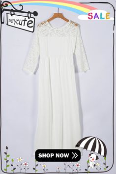 White Plus Size 3/4 Lace Sleeve Yoke Maxi Dress Spring White Half Sleeve Maxi Dress, White Half Sleeve Maxi Dress For Spring, White Casual Maxi Dress With 3/4 Sleeves, Casual White Maxi Dress With 3/4 Sleeves, Spring Maxi Dress With 3/4 Sleeves, White Dress With 3/4 Sleeve For Fall, Maxi Dress Plus Size, Clothing Plus Size, Dress Plus Size