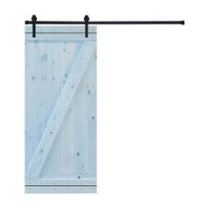 an open sliding door with black hardware and wooden planks on the bottom, against a white background