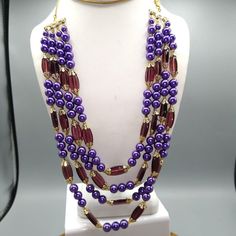 "Vintage Triple Strand Purple Necklace, Beaded Multi Strand Beads Measurement * 32\" long Condition * Very nice condition. Gently worn with minimal wear. Beads are all original, however when I got it it was missing any clasp or chain, so I replaced with a simple gold chain and jump ring. If you have the means to repair it more authentically, it's ready for you. But if not, it can be worn as is, it just makes a longer and more dramatic look. Size: Womens 32\" Condition: Pre-Owned Good Very nice c Colorful Round Bead Long Necklace For Parties, Colorful Round Beads Long Necklace For Party, Party Long Necklace With Colorful Round Beads, Party Long Necklace With Round Beaded Chain, Long Beaded Chain Costume Necklace, Costume Jewelry Long Beaded Necklace, Long Purple Beaded Necklace With Colorful Beads, Long Metal Beaded Necklaces With Beaded Chain, Long Metal Beaded Necklace With Beaded Chain