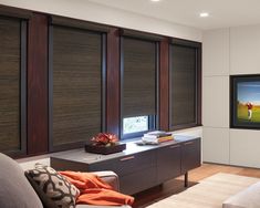 a living room with couches, television and large windows in the wall behind them