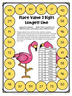 the place value 2 digits game is shown with flamingos and numbers in yellow circles