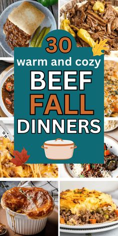 the best fall dinner ideas for warm and cozy nights with text overlay that reads 30 warm and cozy beef fal dinners