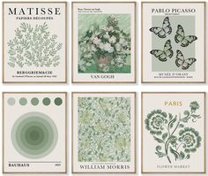 four different types of posters with flowers and butterflies on them, all in shades of green