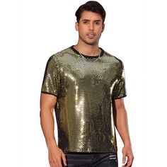 With its shiny appearance, the glitter t-shirt for men is very suitable for a night out and catching the eyes. Sequin t-shirts with metallic style can make you stand out from the crowd while dancing at the party. Styling with slacks or faux leather pants, the metallic t-shirt will help you keep up with the latest fashion. Men’s Metallic Outfit, Metallic Tshirt Sewuin, Cheap Fitted Sequin T-shirt, Metallic V-neck Top For Evening, Cheap Gold T-shirt With Glitter Print, Prom Style, Faux Leather Pants, Mens Crew Neck, Pullover Sweatshirt