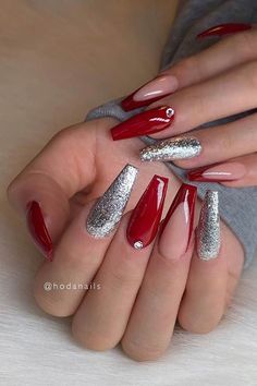 Nails Acrylic Red And Silver, Red And Silver Nail Designs For Prom, Red And Silver Nails For Prom, Red Nails With Silver Glitter, Silver And Red Nails, Red Silver Nails, Red And Silver Nails, Red Chrome Nails