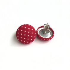 Size: small 3/4 of an inch (about the size of a dime) Red Clip-on Round Jewelry, Red Round Clip-on Earrings, Baseball Fabric, Dodger Blue, Fabric Earrings, Button Earrings, Grinch Christmas, Christmas Fabric, White Polka Dot