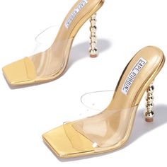 Clear 4” Inch Heel Slide On Sandal Gold Accent Heel Breathable Gold Heels With Clear Strap For Spring, Gold Heels With Clear Strap For Evening, Gold High Heels With Clear Strap, Gold High Heels, Slip On Heels, Strappy Stilettos, Open Toe High Heels, Strappy High Heels, Leather Heels Sandals