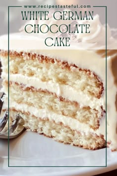 A delightful and moist white German chocolate cake layered with a rich coconut-pecan frosting. Perfect for celebrations or a sweet treat any day! Double Celebration Cake, Decadent Desserts Elegant, White Stencil Cake, White Box Cake Mix Recipes, White German Chocolate Cake, Cake Ideas Flavors, Chocolate Swiss Cake, White Chocolate Coconut Cake, Moist Coconut Cake Recipe